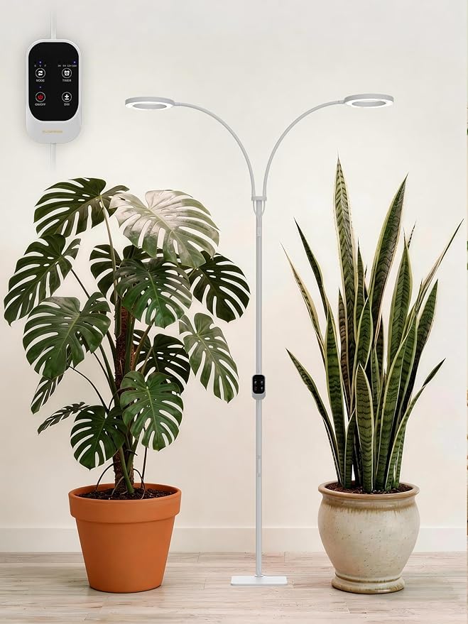 GLOWRIUM Grow Lights for Indoor Plants, Full Spectrum LED Grow Light Floor Lamp with Stand Adjustable Height and Angle, Black Plant Light with 3/9/12H Grow Light Timer (White, 36W)