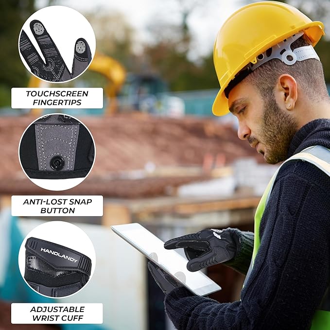 HANDLANDY HLDD Heavy Duty Work Gloves, TPR Protector Impact Gloves, Men Anti Vibration Mechanic Work Glove TouchScreen