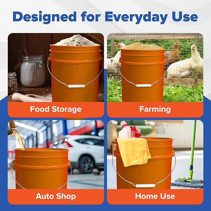 ePackageSupply 5 Gallon Bucket - Food Grade Bucket with Airtight Gasketed Tear Strip Lid, BPA-Free, Heavy-Duty 90 Mil HDPE Plastic Pail, Bulk Storage, Durable Container, Made in USA - Orange, 6 Packs