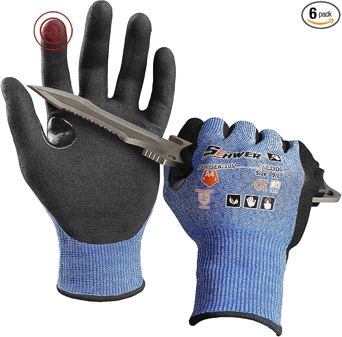 Schwer 6 Pairs ANSI A4 Cut Resistant Work Gloves with Extreme Lightweight & Thin, Sandy Nitrile Touchscreen Safety Working Gloves with Grip, 3D-Comfort Fit, Flexible and Breathable, M, AR3900
