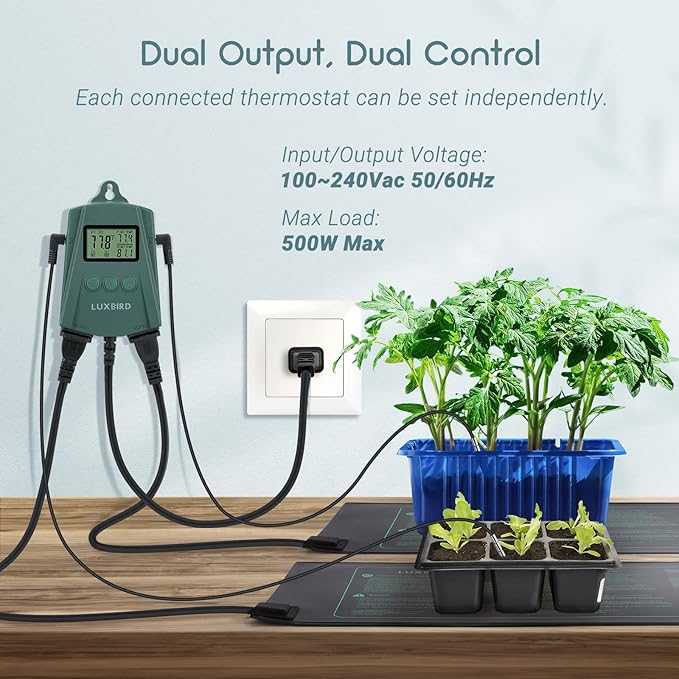 LUXBIRD LB-2SC Digital Heating Mat Thermostat Controller with 2 Probes and 2 Outlets for Seedlings, Germination, Reptiles, Brewing, Breeding, Incubation, Greenhouse (Max 250W per Outlet)