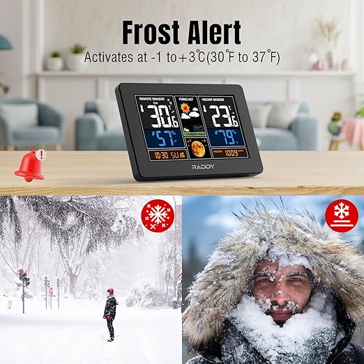 Raddy N75 Wi-Fi Weather Station with App Control, 7.5" Color Display Indoor Outdoor Thermometer, Accurate Weather Forecast, Network Time, Frost Alert, Adjustable Backlight for Home Use