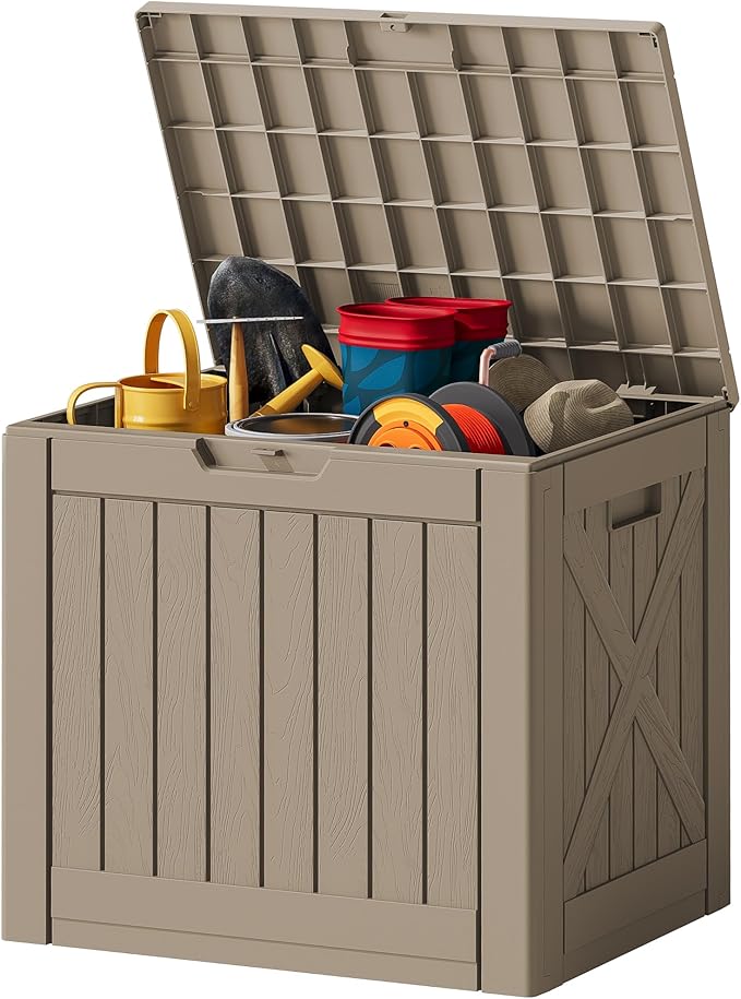 JUMMICO 42 Gallon Deck Box Waterproof, Resin Outdoor Storage Box with Side Handles, Outdoor Storage Benches Lockable for Patio Cushions and Garden Tools (Light Brown)