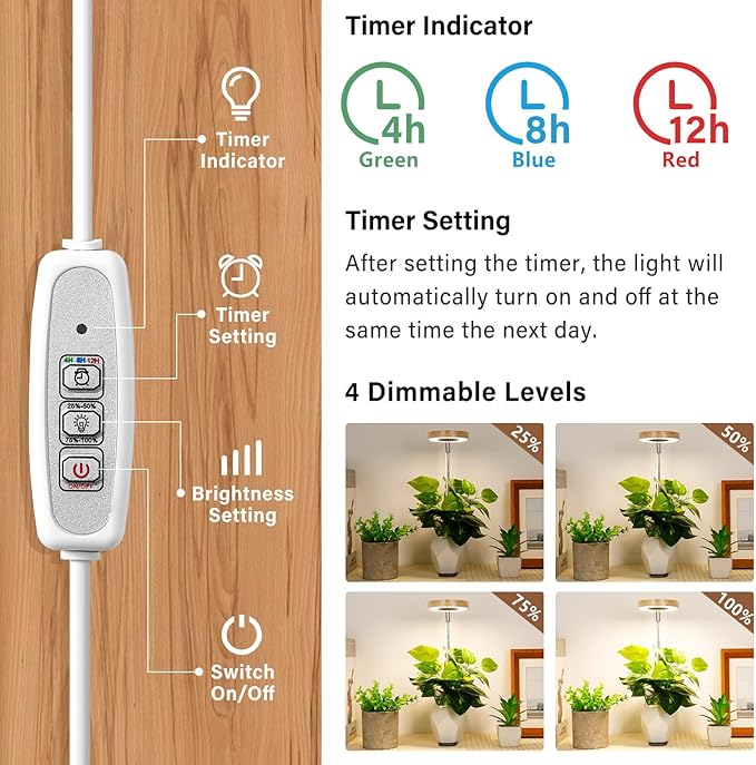 LORDEM Bamboo Base Desktop Grow Light, LED Plant Lamp with Full Spectrum, 4 Adjustable Brightness Levels, 4H/8H/12H Auto Timer for Indoor Plants Growing, Height Adjustable 7.8"-26", 3 Pack
