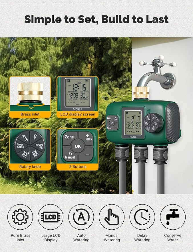 MOES 3 Outlet Sprinkler Timer, Brass Inlet, Programmable Automatic Irrigation Controller, Rain Delay, Manual Watering, 3 Zone Water Hose Timer for Gardens, Lawns