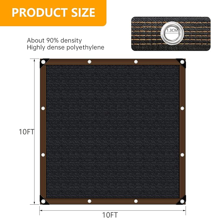 Shade-Cloth 85-90% for Garden Plants 10x10 FT, Black Sun-Block Shade Cover Mesh Tarp with Grommets Sun Shade Canopy for Outdoor Pergola Patio Flower Lawn Kennel Chicken Coop
