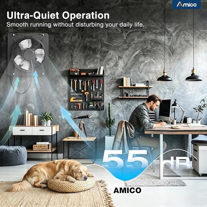 Amico 12" Shutter Exhaust Fan with Thermostat and Humidity Control,1238 CFM Attic Fan with 8-Speed Auto Adjust,25W Brushless DC Motor Vent Fan for Greenhouse,Garage,Chicken Coop,Gable Wall Ventilation