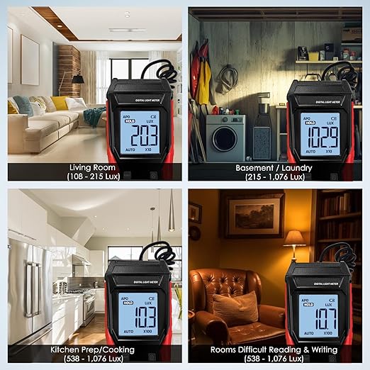 Light Meter Lux Meter Handheld Photometer 0.1~200,000Lux / 0.01~20,000FC Range Digital Illuminance Lightmeter Luxmeter with 4 Digit LCD Display & Flexible Sensor for Plants, Headlights, Lumens LEDs