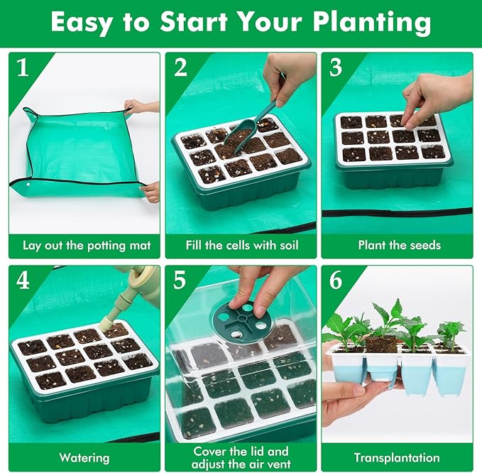 Hanaoyo Reusable Seed Starter Tray with 72 Soft Silicone Cells, 6 Pack Seed Starter Kit with Repotting Mat, Humidity Dome and High Lid, Germination Trays for Indoor Greenhouse Seed Starter