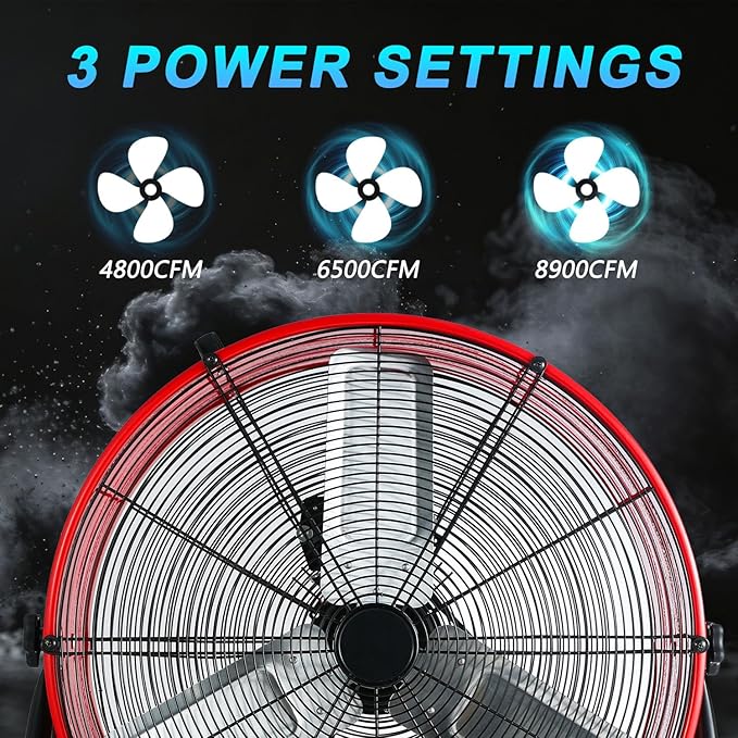 WARMLREC 24" Industrial Floor Fan, 8900 CFM High Velocity Drum Fan with 3 Speeds, Portable Heavy Duty Industrial Fan for Warehouse, Workshop, Factory, Commercial, Residential and Greenhouse Red