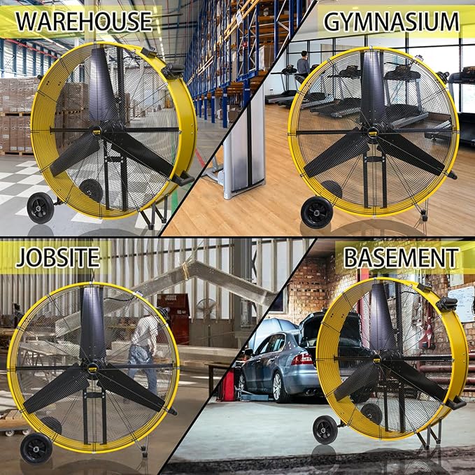 HiCFM 42" Industrial Drum Fan 27300 CFM High Velocity 2 Speed Settings Heavy Duty Metal Floor Fan for Commercial, Factory, Warehouse, Garage, Barn