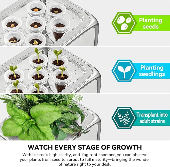 Smart Aeroponics Growing System, Desktop Hydroponic Planter Indoor with Full-Spectrum Grow Light, Humidifier, Heating Function & RGB Mood Lighting, Visual Root Observation for Herbs,Indoor Plants