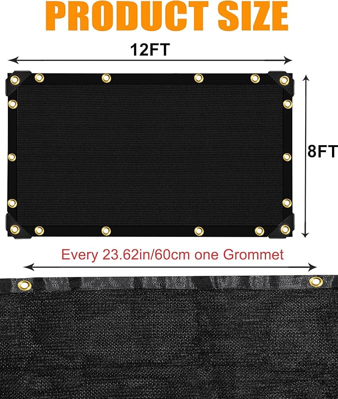 E.share 90%-95% Black Sun Shade Cloth 12FT x 8FT, Heavy Duty Outdoor Shade Netting with Reinforced Grommets, UV Resistant Breathable Fabric for Patio Garden Greenhouse Pergola Chicken Coop & Kennel