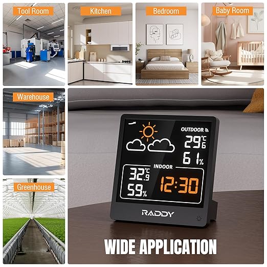Raddy WF-50V Indoor Outdoor Thermometer Hygrometer, Wireless Weather Station Temperature & Humidity Monitor with 5.0’’ VA Display, USB-C Powered, Weather Forecast, Wireless Remote Sensor (Black)