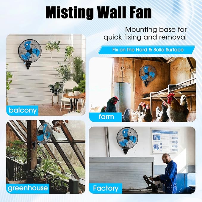 20" Wall Mount Fan with Misting, 7100CFM Heavy Duty Wall Fan with 3-Speed & Adjustable Tilt, High Velocity Industrial Oscillating Fans for Garage, Factory, Patio, Indoor, Greenhouse, Porch, ETL Listed