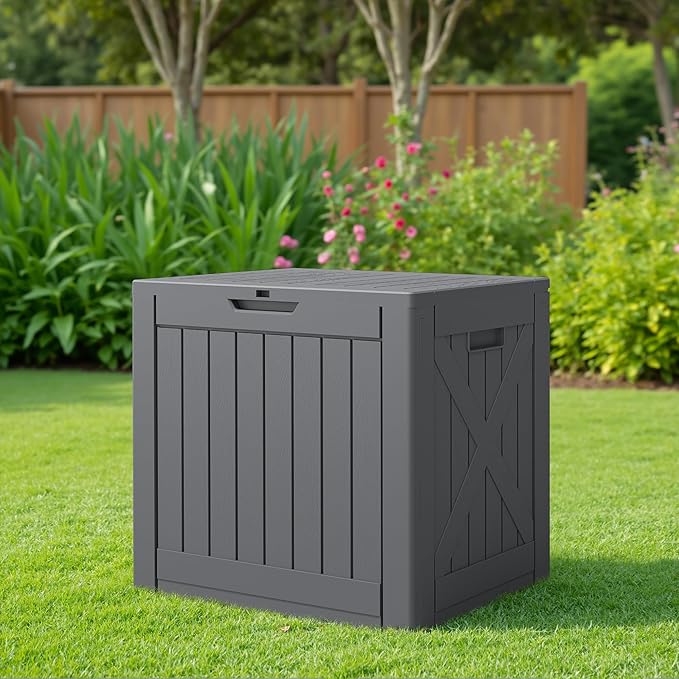 JUMMICO 42 Gallon Deck Box Waterproof, Resin Outdoor Storage Box with Side Handles, Outdoor Storage Benches Lockable for Patio Cushions and Garden Tools (Gray)