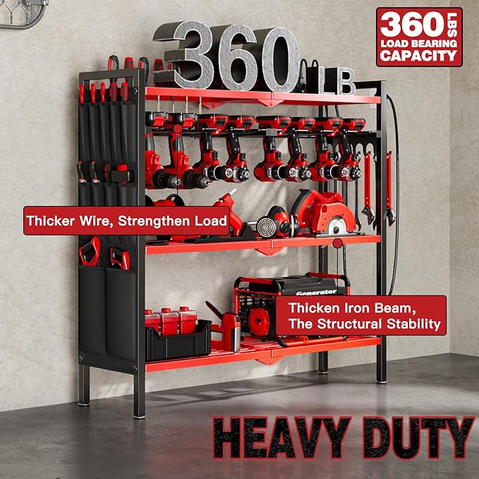 NattyDot Large Power Tool Organizer Cart with Charging Station 8 Drill Holder Garage Storage Standing Heavy Duty and Stability Storage Rack Utility Tool Shelf (Red)