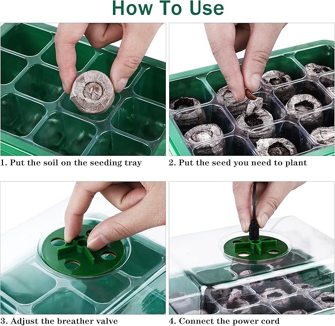 Hahood 6 Pack Seed Starter Tray Kit with Grow Light and Humidity Dome Germination Trays, 72 Peat Pellets, Plant Labels, Gardening Tools, Green, Modern Style, 7.3 x 5.7 x 4.5 inches