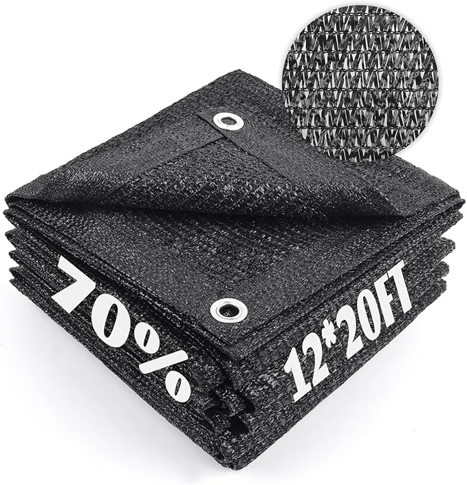 Cool Area 70% Sun Shade Cloth Mesh Tarp with Grommets for Plant Cover 12x20ft Patio Canopy Garden Pergola Greenhouse Car Barn Kennel Black