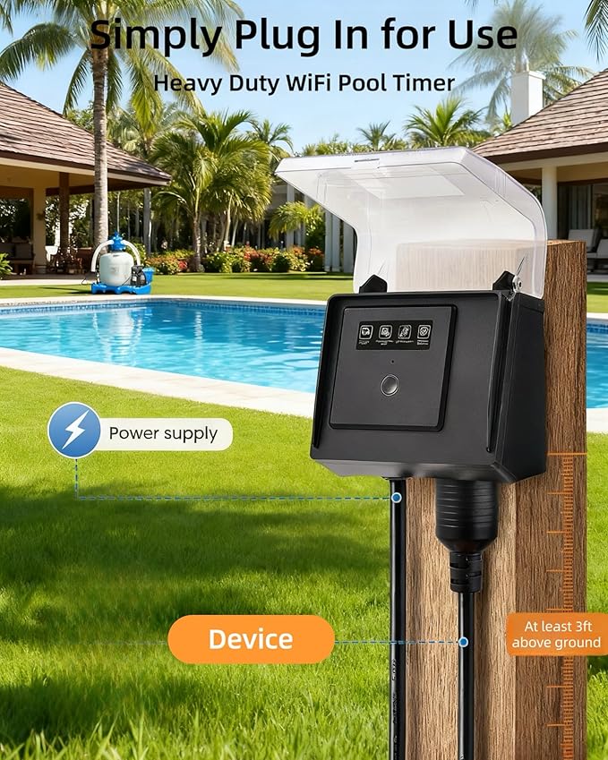WiFi Pool Pump Timer Outlet, 20A 125V 1HP,Twist-Lock NEMA L5-20R Plug-in Timer, Outdoor& Indoor use,with Weatherproof Cover, for Pool Pump, Water Heater, Pool Filter, Landscape Lights