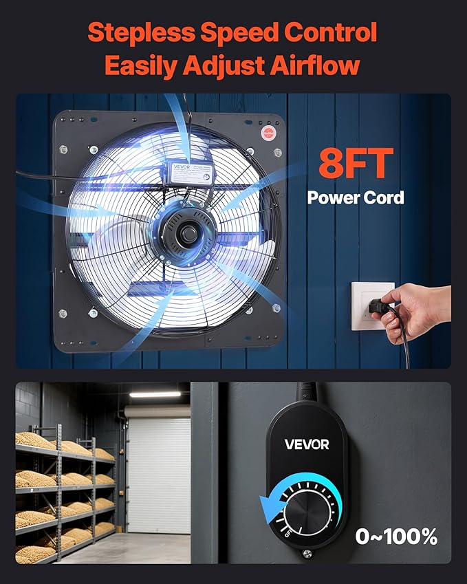 VEVOR 18'' Exhaust Fan, Wall Mounted Attic Fan with Variable Speed controller, 2200 CFM, Automatic Shutter, Ventilation and Cooling, Black
