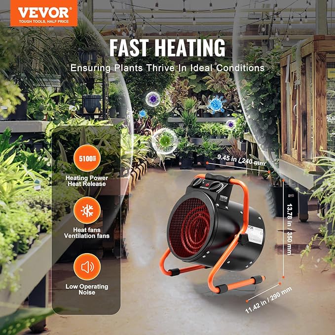 VEVOR Greenhouse Warmer, 1500W Quick Heat Function with Safety Overheat Cut-off, Dual Speed Options Compact Heater for Seedling Tents, Electric Mobile Heating Unit for Gardening Spaces, Work Areas,