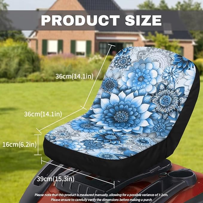 Blue Bright Boho Flower Universal Riding Lawn Mower Seat Cover, Waterproof Seat Protector Cover Fits Tractor Seat Backrests Without Armrests