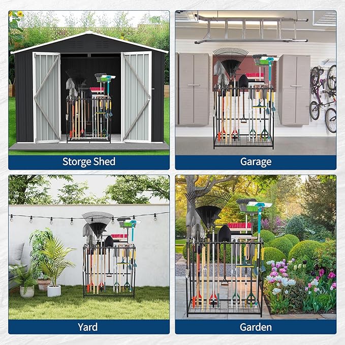 Garden Tool Organizer 2 Tier Yard Storage Rack With14 Hooks,Heavy Duty Holder With 43 Long-Handled Slots,Freestanding Tool Organizers and Storage for Yard Shed and Lawn