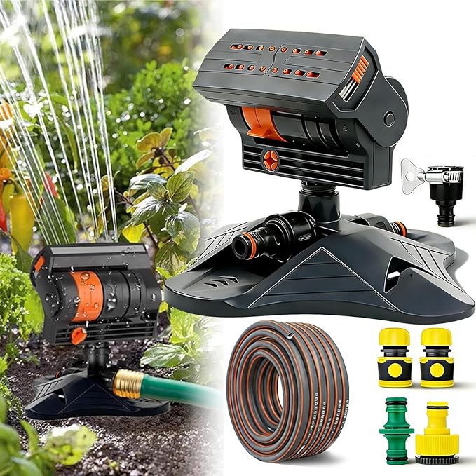 16-Nozzle Oscillating Sprinkler with Dual-Zone Sprinkler Water Timer, 360° 16-Hole Automatic Rocking Sprinkler, Turbo Orbit Mist Sprinklers System for Garden (Standard, with 5m Hose)