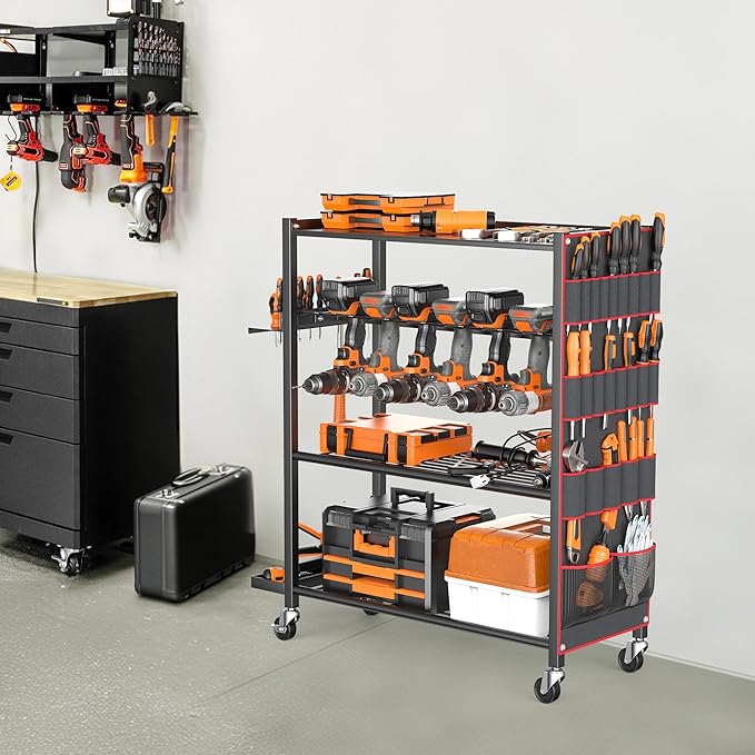 TORACK Rolling Power Tool Storage Cart, 4-Tier Large Drill Organizer with Slots for 12 Drills, Freestanding Cordless Tool Rack with Wheels for Garage & Workshop