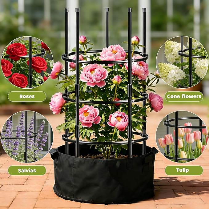 2PCS 19.5" D x 39" H Peony Plant Support Cage, 3 Tier Stackable Plant Support Ring, Metal Core with PVC Coated Stakes, Garden Plant Support for Peonies Tomatoes and Climbing Plants
