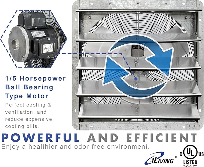 iLiving New Upgraded 20" Wall Mounted Exhaust Fan - Automatic Shutter - Variable Speed - Vent Fan For Home, Attic, Shed, or Garage Ventilation, 115V, 2.2A, Silver