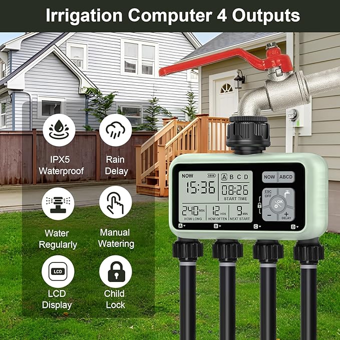 Watering Timer 4 Zone, Sprinkler Timer,Programmable Garden Outdoor Hose Faucet Timer with Rain Delay/Manual/Automatic Watering System,Water Hose Irrigation Timers 4 Outlet for Garden