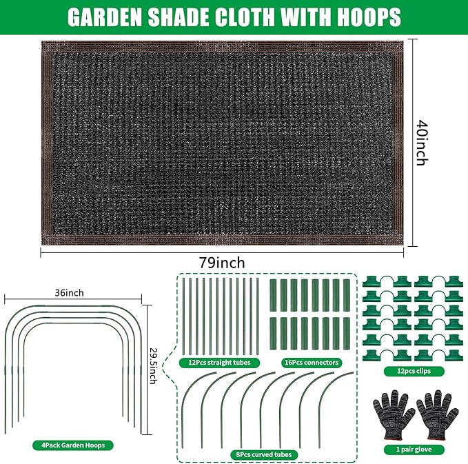 79"x40" Garden Shade Kit, 70% Garden Sun Shade Cloth with Hoops for Plants Heat Protection, Raised Garden Bed Shade Cover Plant Sun Shade for Outdoor Plants Vegetables