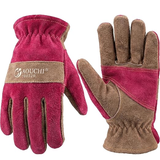 Leather Work Gloves for Women with Cotton Lining, Thorn Proof Gardening Gloves for TIG/MIG Welding, Construction (Rose Red, X-Small)