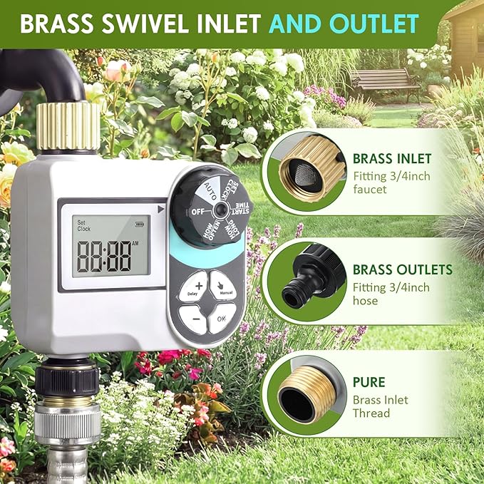 Kingdder Sprinkler Timer for Yard with Brass Inlet and Outlet Watering Timer for Garden Hose Timers Automatic Irrigation System with Rain Delay/Manual/ IP54 Waterproof(1 Outlet)