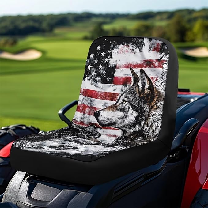 Wolf American Flag Riding Lawn Mower Seat Cover, Heavy-Duty Waterproof Tractor Seat Cover for Farm Equipment, Seat Cover for Zero Turn Mower