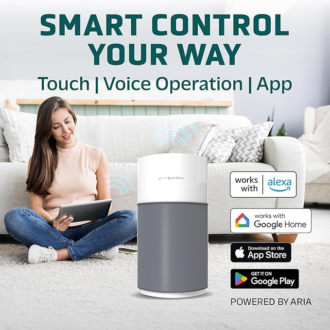 GermGuardian AirSafe XL Smart Air Purifier for Home 360° True HEPA Filter, WiFi and App Enabled, Air Quality Monitor, Large Rooms Up to 1680 Sq Ft, For Smoke, Dust, Pet Dander, Gray/White, AP3250