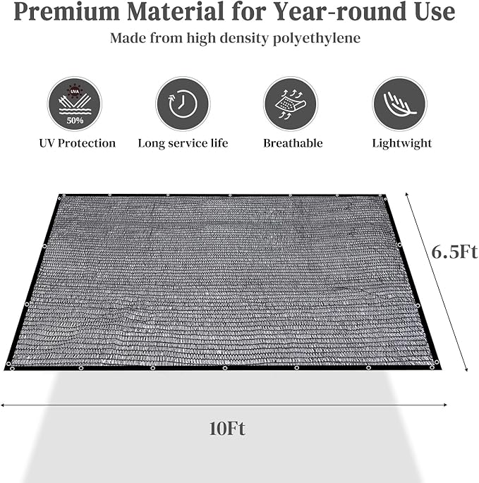 Winpull 50% Shade Cloth for Garden, 6.5 x 10 FT Sun Shade Mesh Tarp with Reinforced Grommets, Durable HDPE Material Outdoor Shade Cloth for Plants, Greenhouse, Pergola and Backyard Patio Sunshade