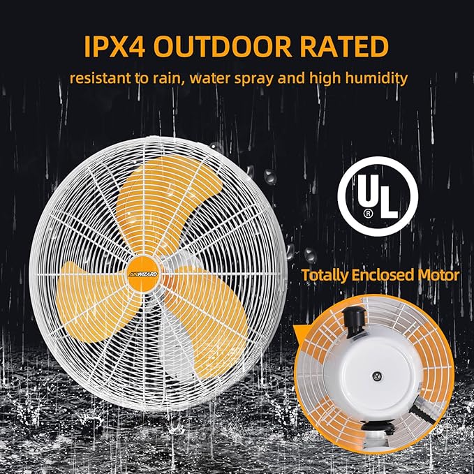 18 inch Outdoor Oscillating Wall Mounted Fan, High Velocity IPX4 Waterproof 4750 CFM Industrial Metal Wall Fan, 3 Speed, Adjustable Tilt, for Greenhouse, Patio, Garage, Workshop