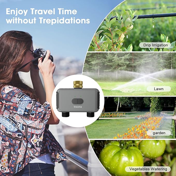 Irrigation System Controller,Smart Water Timer with 2 Outlet,for Lawns, Dark Gray-Brass Inlet & Plastics Outlet (2-Outlet)