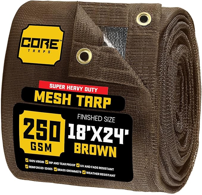 Core Tarps 60% Brown Shade Cloth with Grommets - 18 X 24 FT Heavy Duty Mesh Tarp - Sun Shade Cloth for Garden Vegetables Plants Greenhouse Outdoors Backyard Fences Dump Trucks Patio Mesh Shade Tarp
