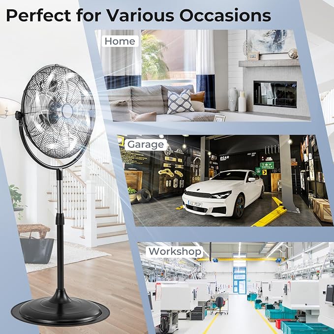 ARLIME 18" High Velocity Pedestal Fan, Industrial Oscillating Standing Fan w/3 Speeds, 360° Tilt & Adjustable Height, Heavy Duty Metal Floor Fan for Commercial, Garage, Workshop, Warehouse (18 Inch)
