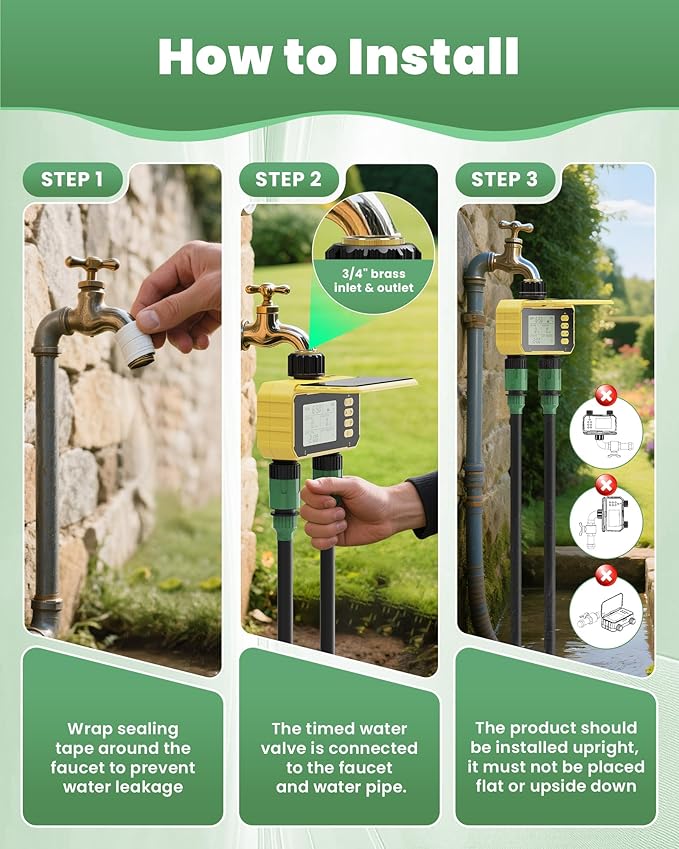 Sprinkler Timer, Solar Energy Water Timer for Garden Hose, Outdoor 2 Zone Hose with Rain Delay/Automatic/Manual Watering System, Digital Programmable Faucet Timing Irrigation for Lawn, Yard(No WiFi)