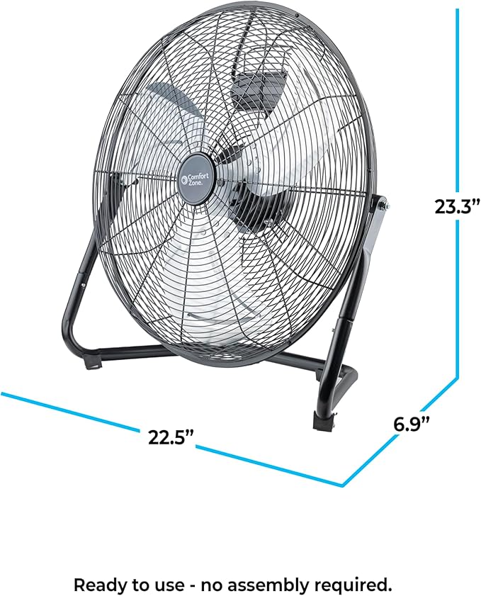 Comfort Zone 20-Inch High-Velocity Industrial Floor Fan, Heavy-Duty 3-Speed Metal Shop Fan with 180° Adjustable Tilt & Carry Handle, Quiet Vibration-Free Cooling for Garage, Workshop, & Home