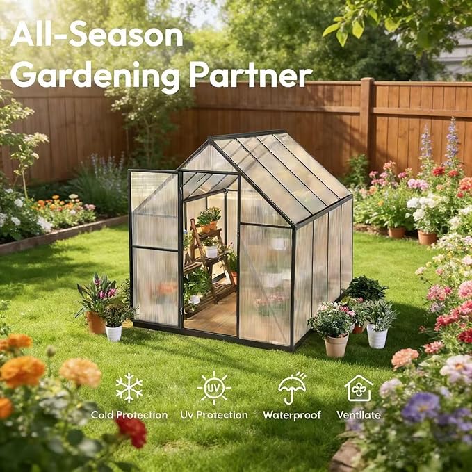 6 x 8 FT Greenhouse for Outdoors, Polycarbonate Greenhouse with Quick Setup Structure and Roof Vent, Aluminum Large Walk-in Green House for Outside Garden Backyard, Dark Gray