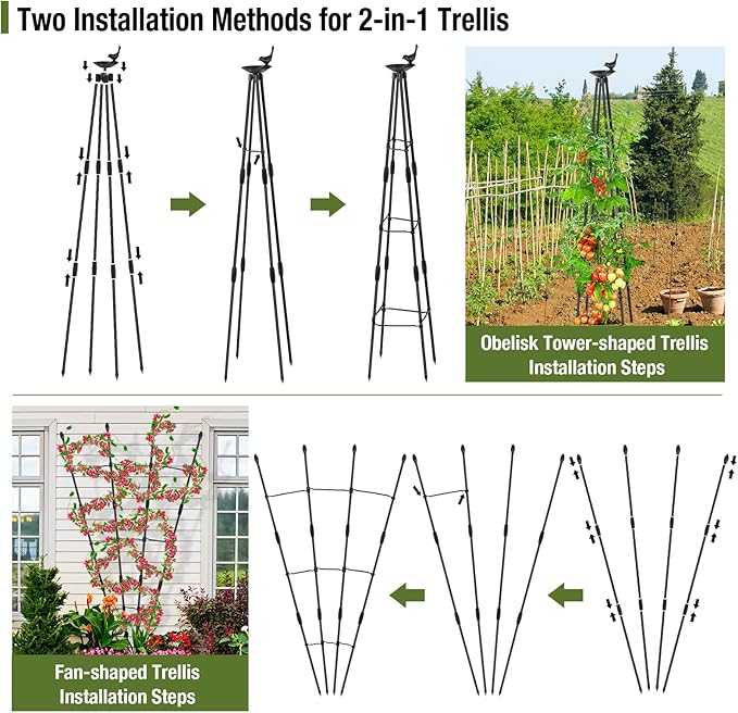 4Ft Garden Trellis for Climbing Plants Outdoor, 2Packs Trellis for Monstera Plants Indoor Large, Tower Obelisk & Fan-Shaped Plant Support Garden Trellis for Potted Flowers, Tomatoes, Vines