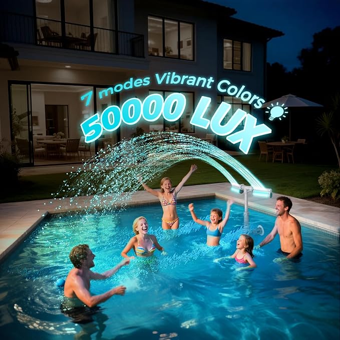 Klleyna Patented Swimming Pool Fountain with Lights - for Above&In-Ground Pools, Pool Waterfall with 7 Color LED Lights, Extend Pipe Water Cooler Sprinkler Sprayer Summer Party Decor (D- Led Light)
