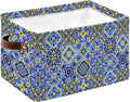 Vintage Boho Storage Bins Cubes Waterproof Cloth Storage Basket,Middle Century Bohemia Style Patchwork Blue Foldable Storage Bags for Shelf Clothes Storages Organizers with Handles 15x11x9.5 in 1PCS