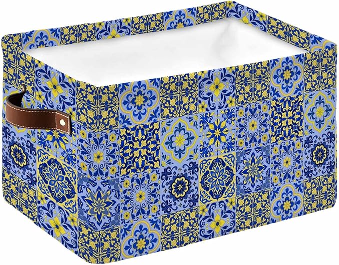 Vintage Boho Storage Bins Cubes Waterproof Cloth Storage Basket,Middle Century Bohemia Style Patchwork Blue Foldable Storage Bags for Shelf Clothes Storages Organizers with Handles 15x11x9.5 in 1PCS